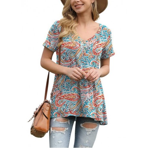 30 Flower Cashew Blue GreenWomens Summer Short Sleeve Tunic Tops Loose Fit Casual T-Shirt Button Up Blouses 30 Flower Cashew Blue GreenWomens Summer Short Sleeve Tunic Tops Loose Fit Casual T-Shirt Button Up Blouses
