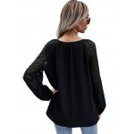 Black Women's Long Sleeve Notched Neck Blouse Top Contrast Lace Solid Shirt Black Women's Long Sleeve Notched Neck Blouse Top Contrast Lace Solid Shirt