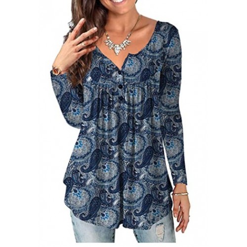 Blue Plus Size Tunic Tops Long Sleeve Casual Floral Printed Henley Shirts for Women Blue Plus Size Tunic Tops Long Sleeve Casual Floral Printed Henley Shirts for Women