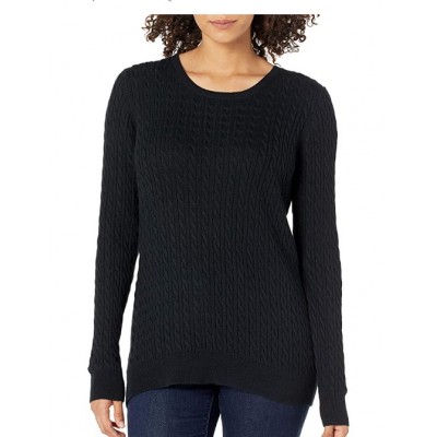 Black Women's Lightweight Long-Sleeve Cable Crewneck Sweater