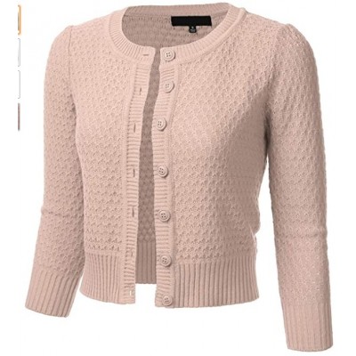 Fm3514_blush  Women's Button Down 3/4 Sleeve Crew Neck Cotton Knit Cropped Cardigan Sweater (S-3X)