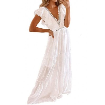 Women's V Neck Floral Lace Wedding Dress Short Sleeve Bridesmaid Evening Party Maxi Dress