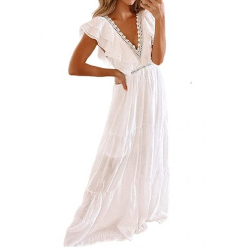 Women's V Neck Floral Lace Wedding Dress Short Sleeve Bridesmaid Evening Party Maxi Dress Women's V Neck Floral Lace Wedding Dress Short Sleeve Bridesmaid Evening Party Maxi Dress