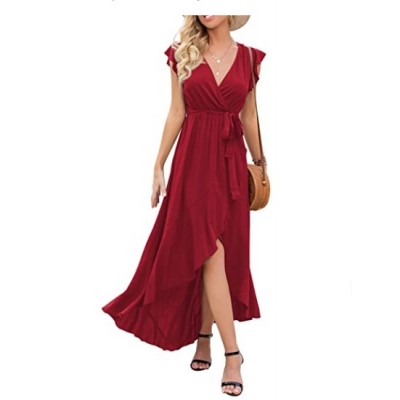 Women's Summer Floral Print Cross V Neck Dress Bohemian Flowy Long Maxi Dresses